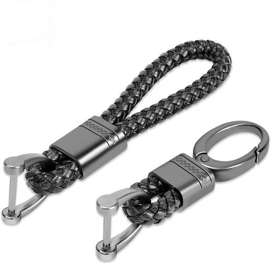 2 Pack Genuine Leather Keychain with Zinc Alloy Buckle Keyring (Black)